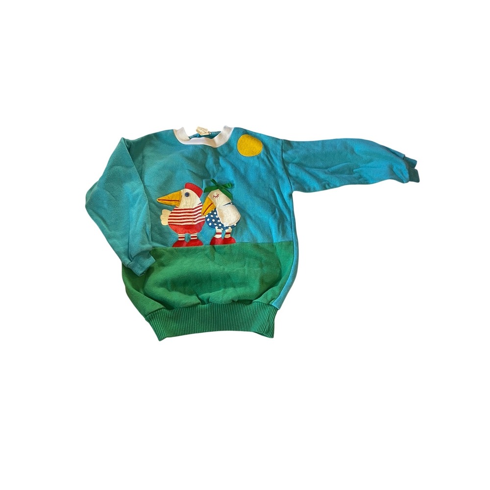 Vintage 80s‎ Kids Blue Green Cartoon Bird Applique Sweatshirt Size 5